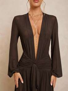 Lumalex 女士超长连衣裙，配有可拆卸打底裤、透视V领、泡泡袖、褶皱腰带和超大裙摆 - 咖啡棕 - 查看 5