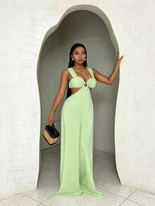 BamGleam 镂空流苏草绿色紧身沙滩度假露背连体裤，带颈带和镂空下摆，女士款 - 綠色 - 查看 6