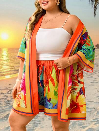 SHEIN CURVE+ Plus Size Women's Vacation Summer Women's Tropical Printed Shirt Paired With Shorts Two Pieces Set, Short Sleeved Loose Kimono Top, Elastic Waistband Shorts Summer Set
