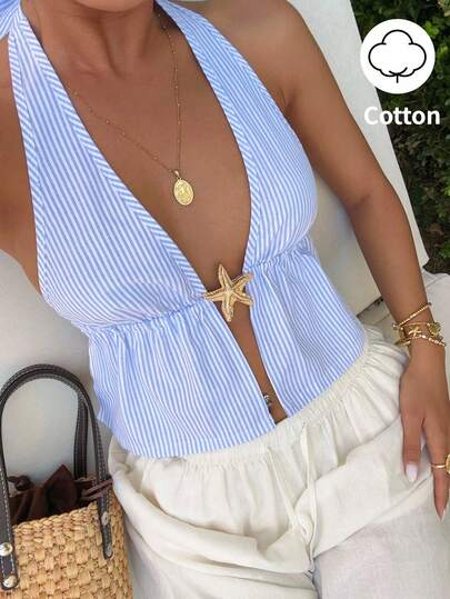 Sunnyshic 蓝白条纹棉质深V领系带露背吊带背心，女士春夏款，适合度假、海滩、通勤、约会、购物、日常百搭穿着