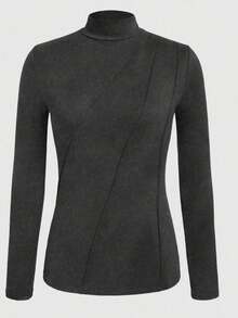 EMERY ROSE Women's Plus Size Casual Versatile Stand Collar Long Sleeve T-Shirt - Grey - View 3