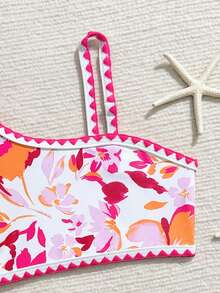 少女碎花泳衣套装，含罩衫和裙子，适合夏季海滩度假 - 粉色 - 查看 4