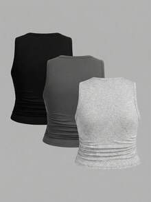 SHEIN EZwear 3件套女士休闲纯色加大码圆领吊带背心，适合夏季 - 彩色 - 查看 2