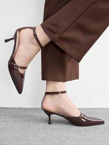 CUCCOO BIZCHIC Giày cao gót nữ, kiểu dáng retro màu nâu bóng, gót nhọn có khóa đôi và gót khoét rỗng, giày đa năng cho mùa xuân và mùa hè, phù hợp cho công sở và hẹn hò. - màu nâu - Xem 3