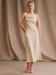 Anewsta Elegant Dress, Vacation Outfit Dress, Women's Spaghetti Strap Draped Neck Champagne Color Dress - Apricot - View 4