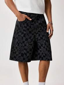 MONOPOLY X SHEIN Men's Casual Checkered Print Denim Shorts, Summer - Black - View 6
