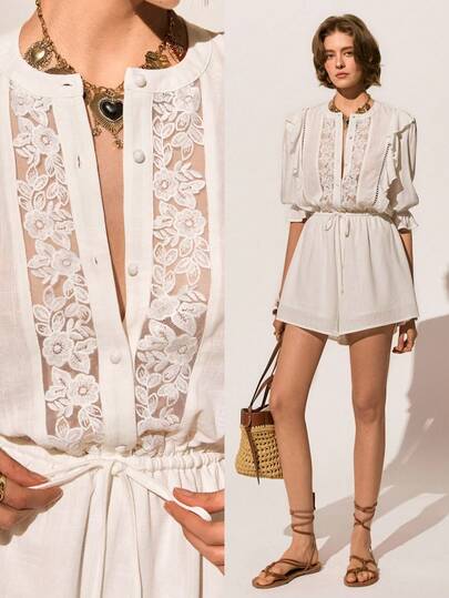 Poéselle 女士纯色蕾丝拼接前扣荷叶边下摆优雅连体裤