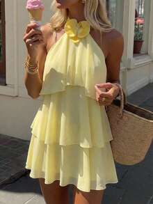 Aloruh 3D Floral Decor Multi-Tier Ruffle Hem Cake Dress ,Summer Dress - Yellow - View 1