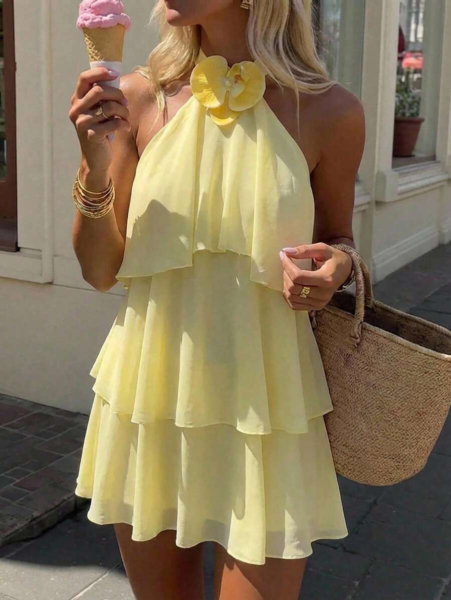 Aloruh 3D Floral Decor Multi-Tier Ruffle Hem Cake Dress ,Summer Dress - Yellow - View 1