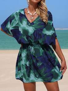 Swim Lushoire Women's Floral Print V-Neck Drawstring Tie Casual Vacation Elegant Beach Cover-Up Dress - Navy Blue - View 5