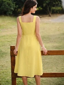 Vintamour 复古优雅女士连衣裙，带口袋和纽扣，休闲度假夏季服装，女士度假装，浪漫连衣裙，夏季连衣裙，沙滩装，90年代服装，优雅夏季服装，春季服装，春季连衣裙，夏季度假连衣裙，沙滩裙，太阳裙，复活节连衣裙，夏季服装，休闲连衣裙，黄色连衣裙 - 鵝黃色 - 查看 6