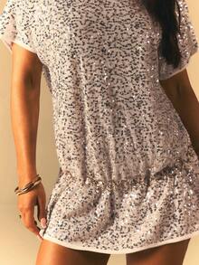Athîral Women's White Summer 70s Retro Sequin Party Dress,Casual Round Neck Short Sleeved Straight Knit Mini Dress,Elegant Music Festival Outdoor Outfit - Silver - View 6