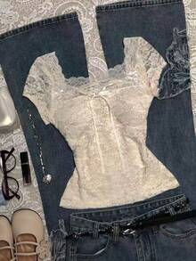 Glimmora 女士优雅纯色蕾丝蝴蝶结装饰衬衫，夏季 - 杏色 - 查看 3