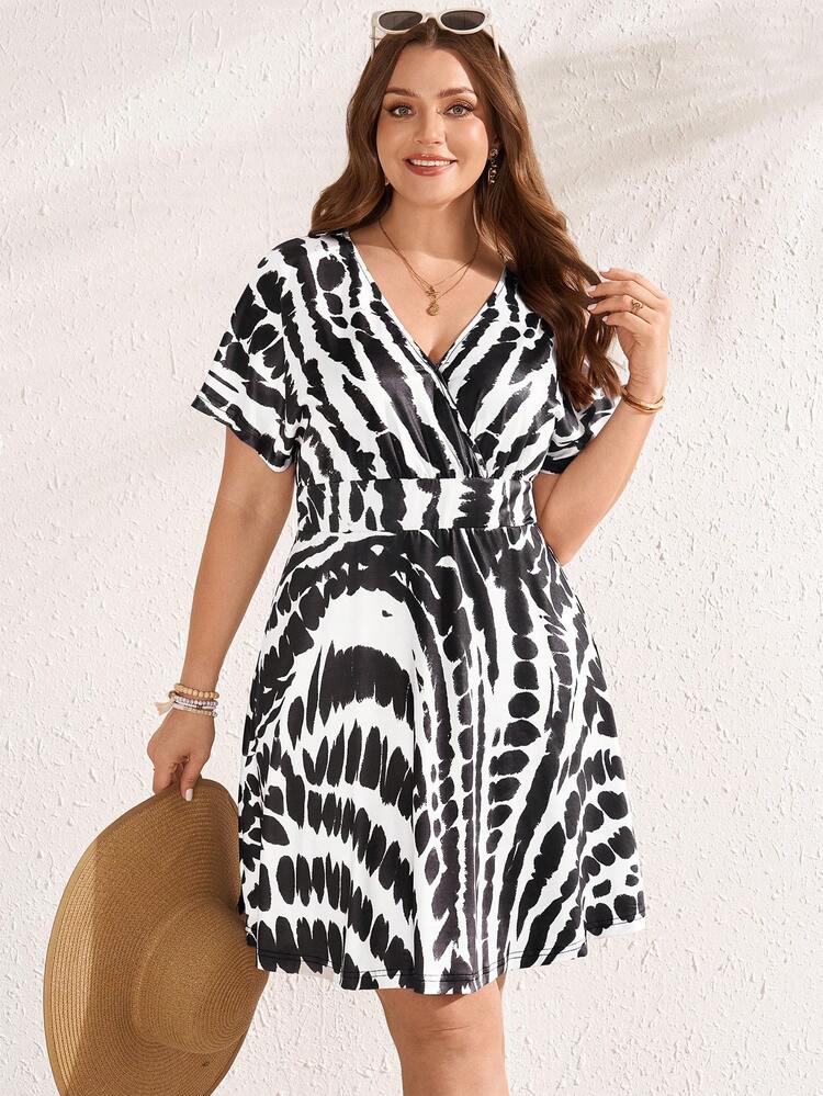Plus Size Women's Summer Casual Vacation Country Tie-Dye Print V-Neck Short Sleeve Mini Dress, Spring/Summer,Summer/Vacation,Summer Holiday,Spring Break Outfits ,Vacation Outfits Women ,Holiday Outfits For Women,Going Out Outfits,2026 New Clothes,Simple And Fashionable For Everyday Wear,Suitable For Summer, Vacation, Daily Wear,Suitable For Summer, Vacation, Daily Wear,Dresses For Women,Flowy Dress ,Beach Outfits For Women,Casual Vacation Boho Dress,Summer Dresses, Country Women's Summer Dresses,Casual Dresses For Women,Nautical Dresses For Women,Country Concert Outfit , Wrap Dresses For Women, Women Beach Dress