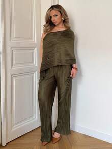 Jeta Ari Conjunto de top de un solo hombro y pantalones de unicolor de moda de verano - Verde militar - Ver 6
