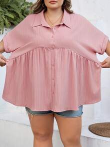SHEIN CURVE+ Taglie curvy US22 Blusa stile francese con bottoni frontali, adatta per festival musicali, vacanze al mare, stile bohémien estivo. Tessuto confortevole e strutturato, casual e ampia, maniche corte, ideale per vacanze, spiaggia, laurea, tea festa, uscite. - Rosa antico - Visualizzare 4