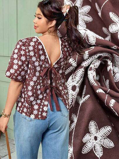 Ceyna Plus Size Spring/Summer Coffee Brown Embroidered Woven Casual Resort Elegant Shirt