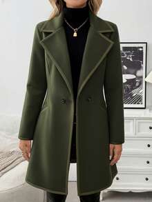 EMERY ROSE 女士优雅休闲通勤黑白拼接长款羊毛混纺大衣 - 軍綠色 - 查看 3