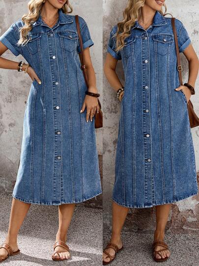 EMERY ROSE Women's Casual Washed Front Button Short Sleeve Denim Dress, Summer,For Date, Party, Cocktail, Formal Events, Vacation, Office, Work, Commute, Wedding Guest, And Western Festival,PREMIUM WOMEN'S CASUAL DENIM DRESS FOR COMMUTING, SPRING/SUMMER