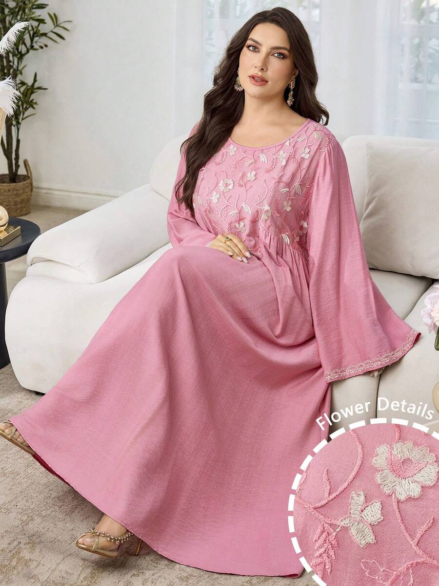 Al Najma 大码女式花卉刺绣褶皱休闲派对连衣裙