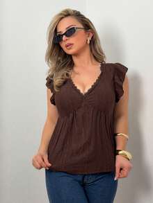 Jeta Ari 夏季海滩度假提花针织盖袖 T 恤 - 咖啡棕 - 查看 5