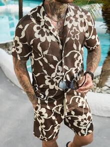 VENTUSAIL Conjunto de camisa de manga corta y pantalones cortos con estampado floral marrón y blanco de punto de malla retro casual para hombres, conjunto de pantalones cortos marrón, conjunto de dos piezas de seda marrón para vacaciones, camisa hawaiana para hombres, conjunto de verano de dos piezas marrón para hombres, conjunto de playa marrón y floral de dos piezas para hombres, vacaciones - Marrón - Ver 6