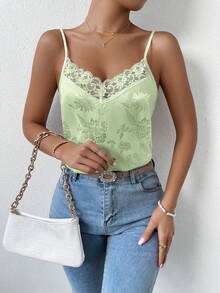 RosyDaze Floral Jacquard Contrast Lace Satin Cami Top Graphic Tees Women Tops - Green - View 3