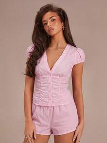 Athîral 女士格子V领单排扣褶裥短袖衬衫 - 淺粉色 - 查看 3