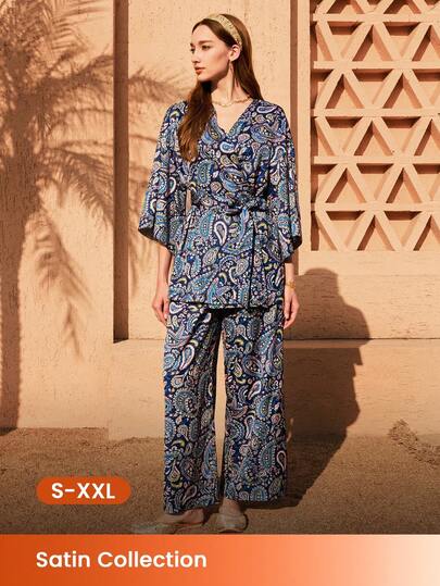 LUVLETTE Pijama de satén con estampado de paisley para mujer, de corte holgado tipo kimono con cinturón a la cintura, cómodo para primavera/verano/otoño/invierno