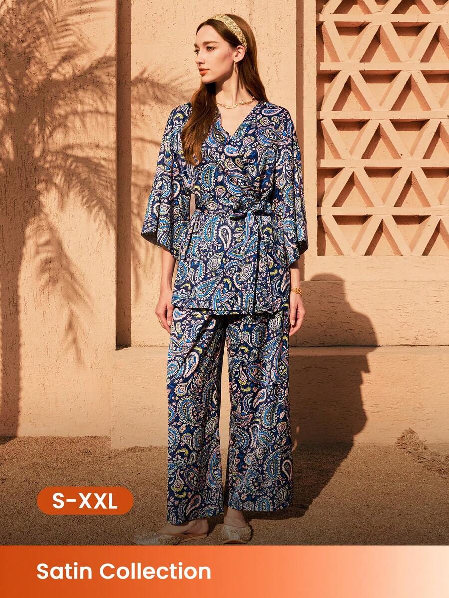 LUVLETTE 女士四季佩斯利花纹睡衣 - 宽松缎面和服套装，腰部系带，春夏秋冬皆宜 - 粉色 - 查看 1