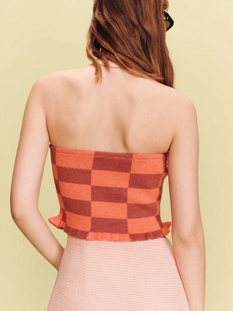 Orange And Brown Checkered Tubular Knit Top With Ruffle Detail Spring Summer French Style Parisian Style Check Top Strapless Top Vacation Going Out