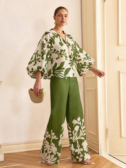 CLARA VERO Contrast Botanical Print Shirt And Pants Set, Relaxed Fit, Great For Casual Daily Wear, Holiday, Or Garden Parties, Made Of Breathable Non-Elastic 100% Polyester Fabric
