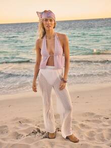 Aralina 春季提花蕾丝柔软针织面料，露背吊带设计，无缝拼接，度假风女装，波西米亚风，开襟设计，优雅派对必备，短款修身，夏季女装，节日上衣 - 淺粉色 - 查看 5