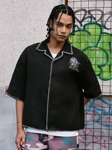 PAVTROS Camisa de manga corta holgada y casual con bordado de letras para hombre - Negro - Ver 4