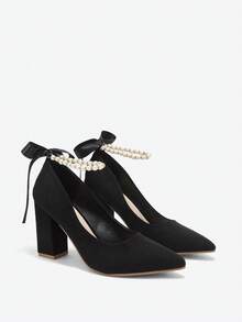 秋冬季时尚仿珍珠蝴蝶结尖头高跟鞋，适合婚礼季、优雅派对等场合 - 黑色 - 查看 2