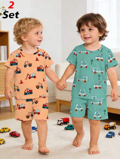 Bộ đồ ngủ ngắn tay và quần đùi in hình máy xúc và ô tô cho bé trai, đồ ngủ dễ thương cho bé mặc hàng ngày.