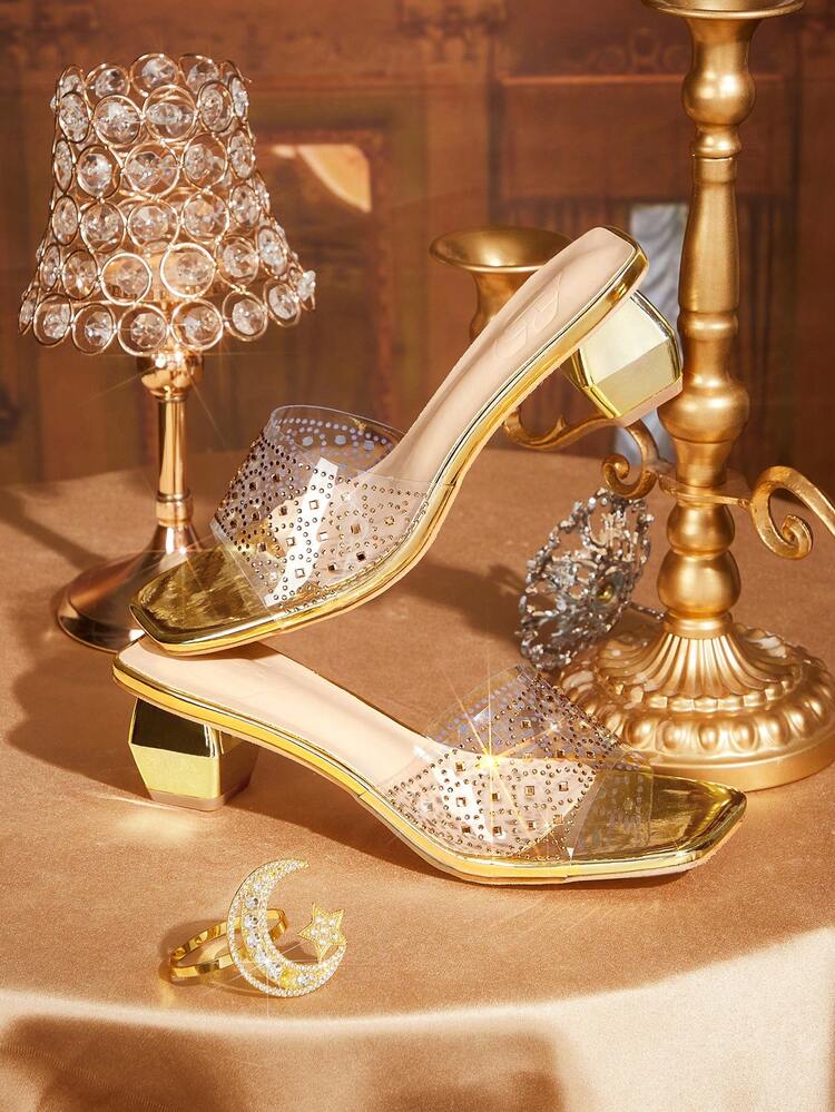 CUCCOO TILAWA Women's Spring/Summer New Crystal H-Shaped Strap Square Toe Thick Heel Sexy Stylish Fashion PVC Transparent Crystal High Heel Sandals, Backless H-Type Slippers, Elegant Party Holiday Sexy Street Style