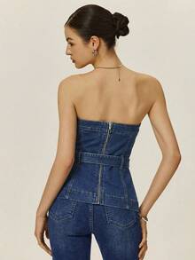 Poéselle Women's Fashionable Versatile Denim Tube Top With Eyelet Design, Suitable For Dates And Outings - Medium Wash - View 2