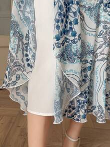 DAZY Women's Elegant 2-Piece Set: Mandarin Collar Flare Sleeve Top And Mini Skirt With Cashew Pattern - Blue - View 9