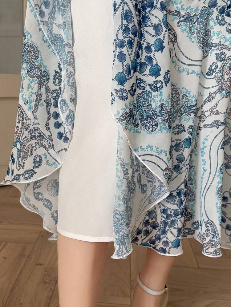 Women's Elegant 2-Piece Set: Mandarin Collar Flare Sleeve Top And Mini Skirt With Cashew Pattern Summer