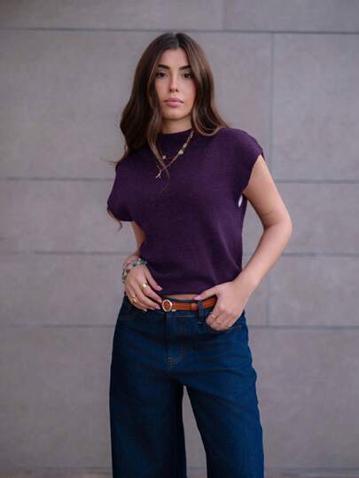 Hitanina 优雅高领宽松休闲百搭秋冬无袖针织毛衣背心