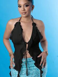 Melissa Matos 浪漫黑色荷叶边丝带和 3D 花朵领带上衣女士上衣音乐会女装性感服装 - 黑色 - 查看 5