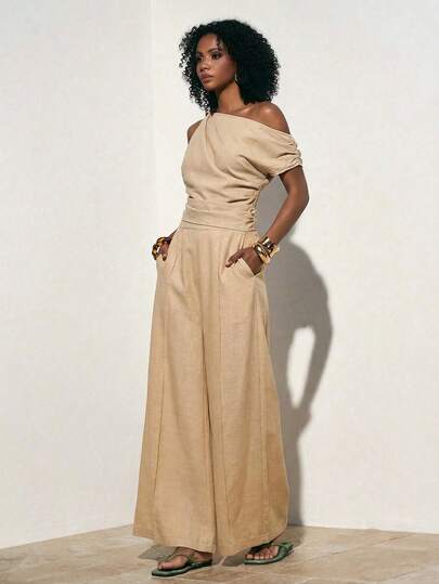 Zivah 22026 Spring/Summer New Elegant Commuter Khaki Hot Selling Item Linen Material Twisted Ruffled One-Shoulder Top + Ruffled Wide-Leg Pant Women Two Pieces Set.Suitable For Everyday Outings, Party, Travel, Parties, Boho , Beach, Airport Outfits, Brunch Outfits, Festivals, And Wedding Guest Attire-,Vacation-A