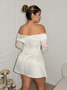 Maria Perezxox 女士优雅露肩蕾丝拼接迷你连衣裙，适合生日派对、返校节、毕业舞会、姐妹聚会、下午茶 - 杏色 - 查看 2