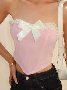 Sydney Algeri 浪漫粉色紧身胸衣约会夜上衣蝴蝶结前褶饰边头巾下摆短款抹胸上衣 - 淺粉色 - 查看 3