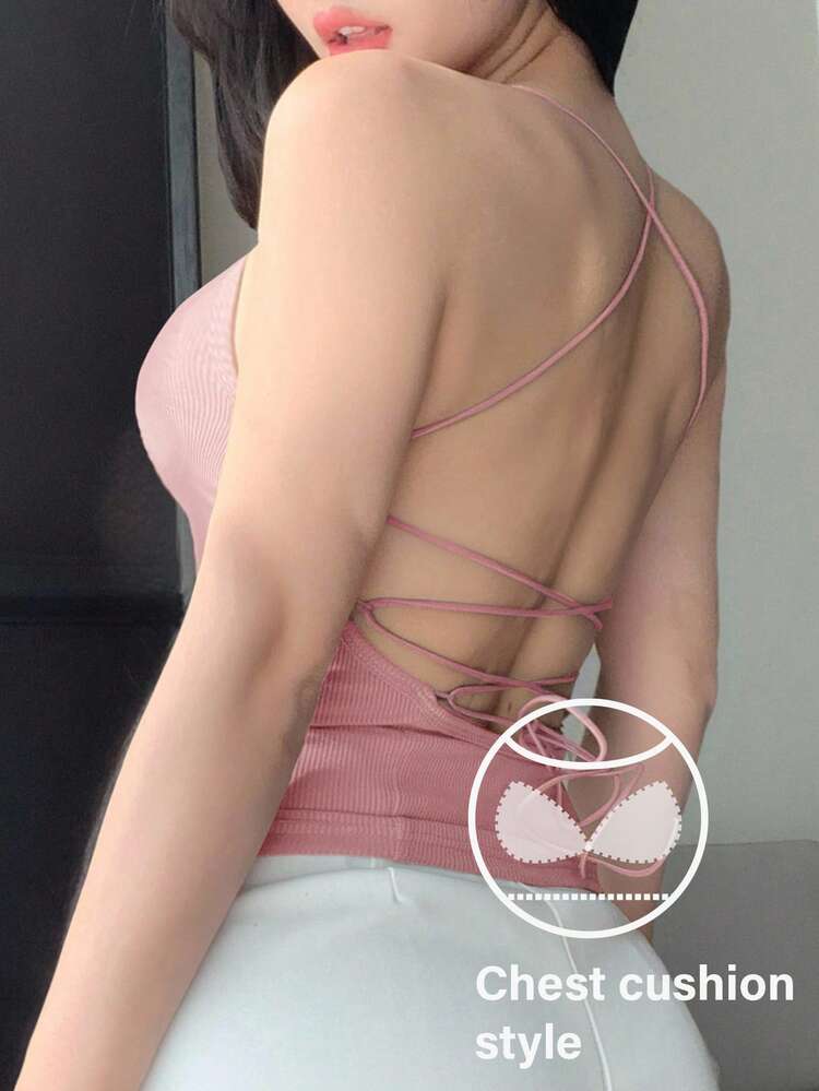 Minimalist Solid Color Criss-Cross Backless Design With Built-In Padded Halter Top