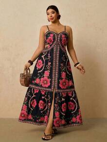 Travachic 大码女式黄色热带植物印花连衣裙，吊带露腰镂空连衣裙，秋季连衣裙 - 彩色 - 查看 5