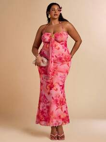 SHEIN BAE 大码女士度假针织网纱渐变浪漫修身露背系带金属扣装饰鱼尾长裙，适合派对、约会、下午茶等场合，性感优雅的夏季兰花长裙，海滩度假、夏季穿搭、假日、婚礼季、海滩邮轮度假、情人节穿搭、浪漫连衣裙、性感约会装、碎花连衣裙、粉色连衣裙 - 粉色 - 查看 4