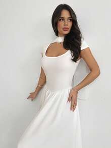 Firerie Women's Elegant White Summer Dress,Vacation Resort Beach Scoop Neck Flowy Sleeve A-Line Midi Chiffon Formal Wedding Guest Chic Minimalist Fashion - White - View 10