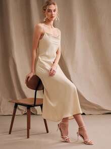 Anewsta Elegant Dress, Vacation Outfit Dress, Women's Spaghetti Strap Draped Neck Champagne Color Dress - Apricot - View 5